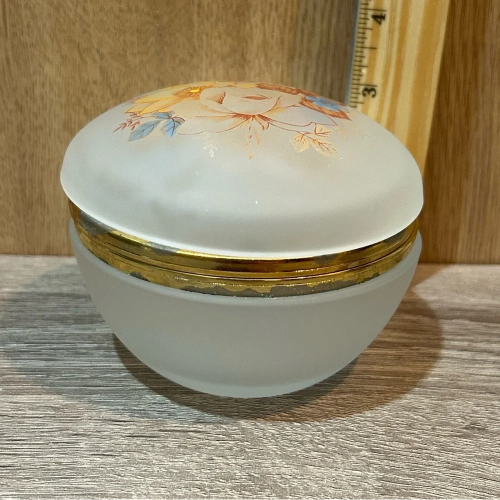 Vintage Genuine Alabaster Powder Trinket Jar w/ Floral Design 3”x5”